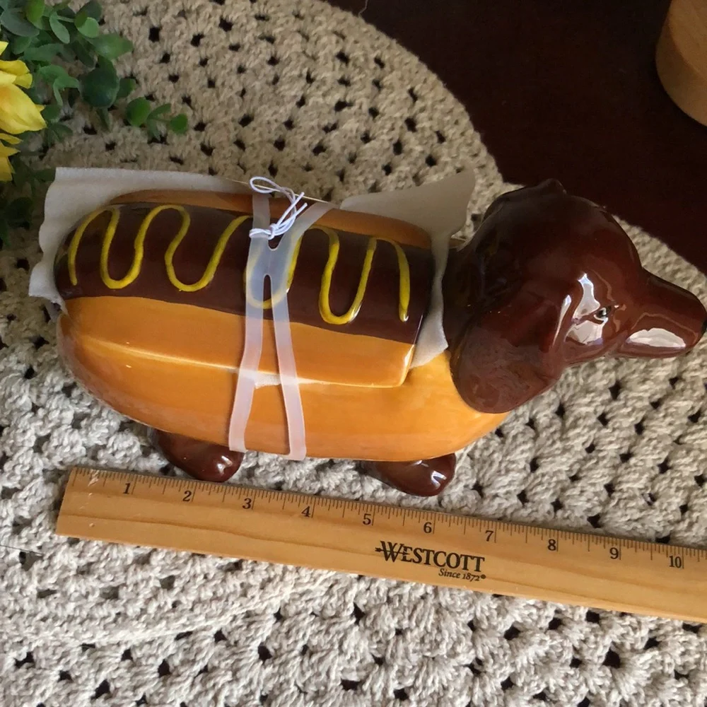 Dachshund Hot Dog Treat Cookie Jar - Brown and Yellow Ceramic